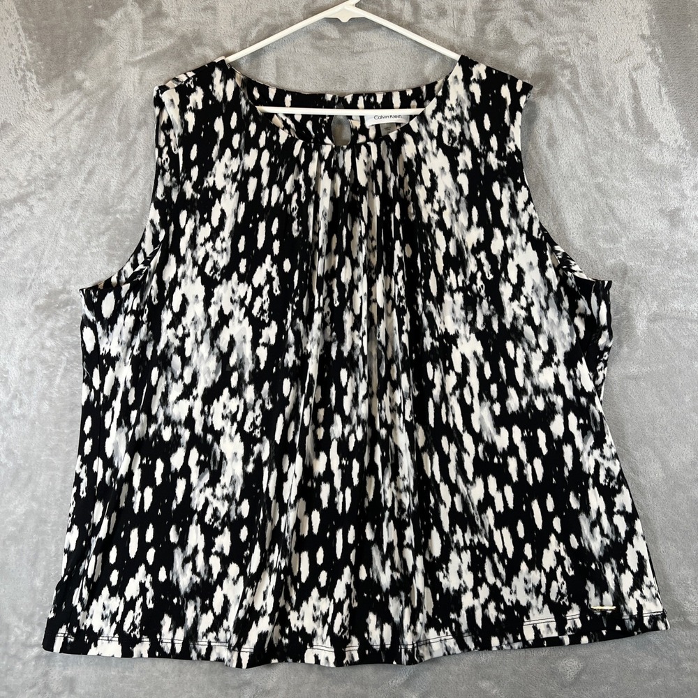 Calvin Klein Tank‎ Blouse Pleated Neck Womens Plus 3X Black White Stretchy